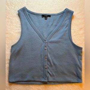 Papaya Ribbed Dusty Blue Button-Front V-Neck Crop Tank